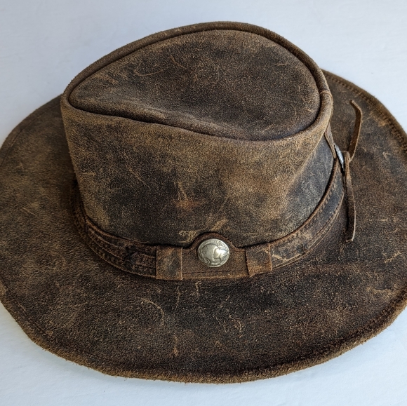 Accessories - Leather stiff brim western cowboy Australian outback hat sz M